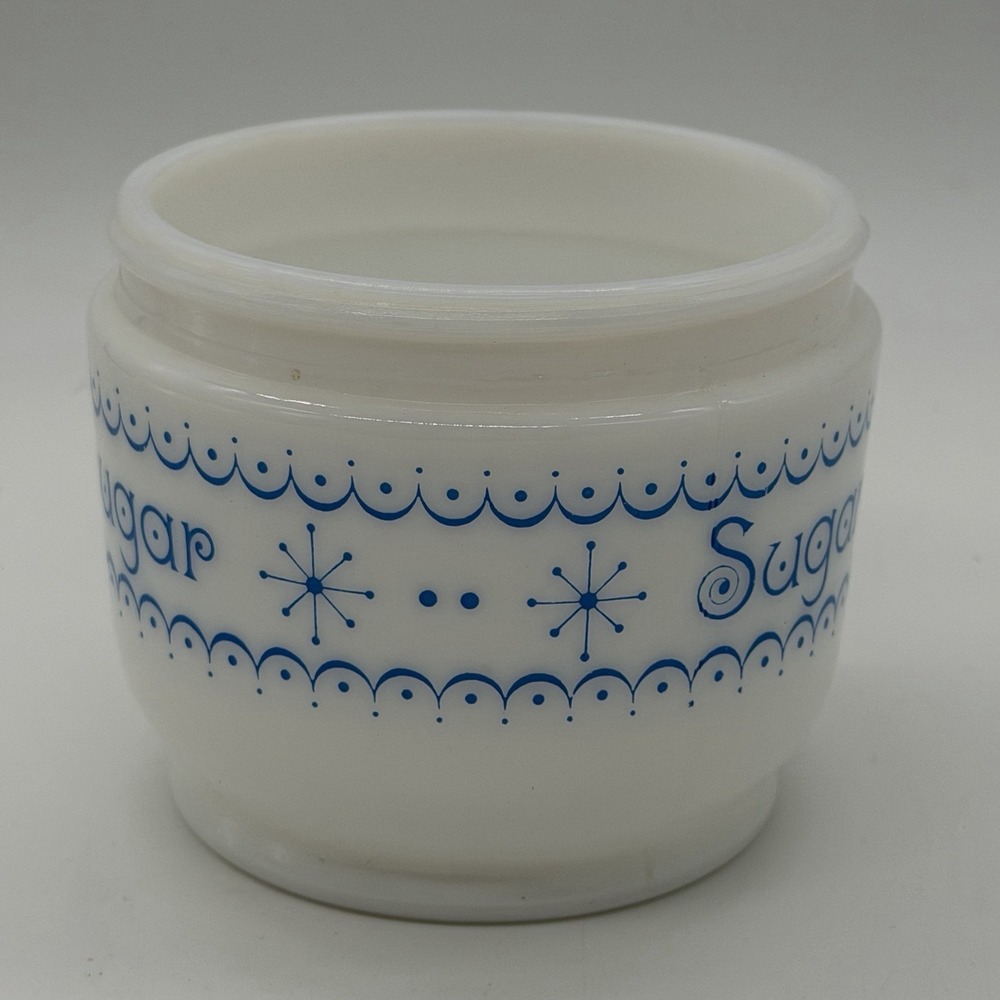 VTG GEMCO Milk Glass Blue Snowflake Garland Pattern Sugar‎ Container Atomic MCM - Picture 2 of 7